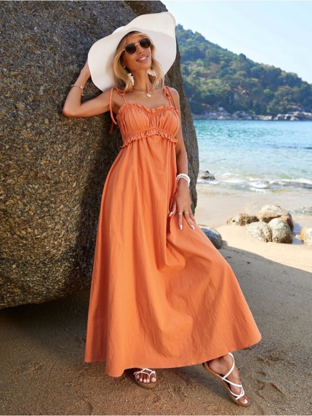 SHEIN 100% Cotton Orange Tie Strap Maxi Dress — Size Medium